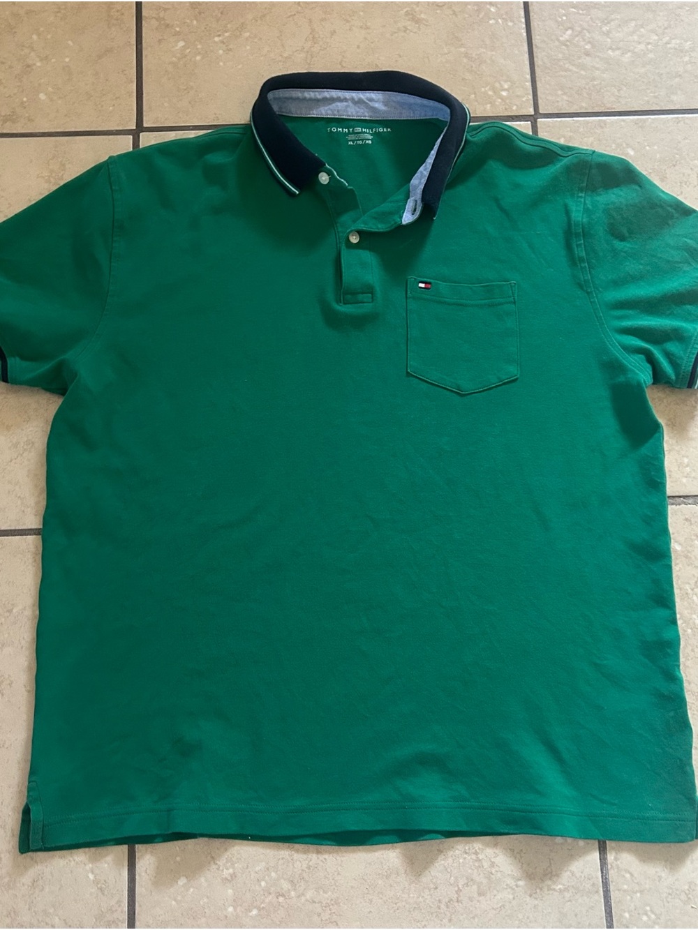 Tommy Hilfiger Green Polo with Navy Trim and Chest Pocket